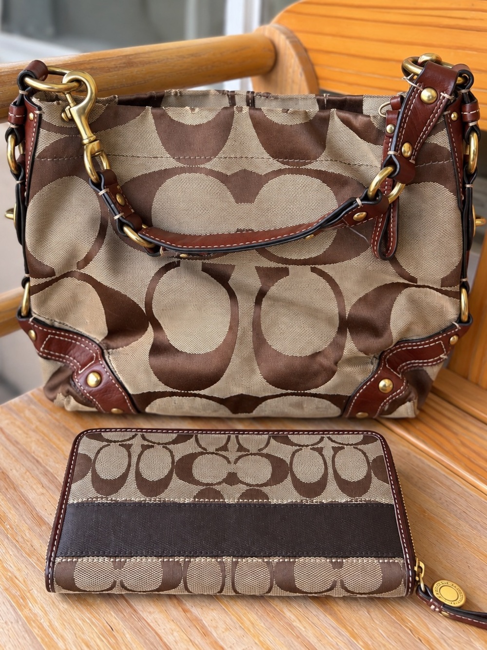 Coach Brown Signature Canvas Shoulder Bag with Matching Wallet